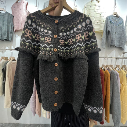 Bow Color Knitted Cardigan Coat Female Autumn And Winter Loose Design Sense Retro Crew Neck