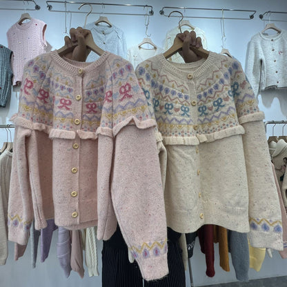 Bow Color Knitted Cardigan Coat Female Autumn And Winter Loose Design Sense Retro Crew Neck