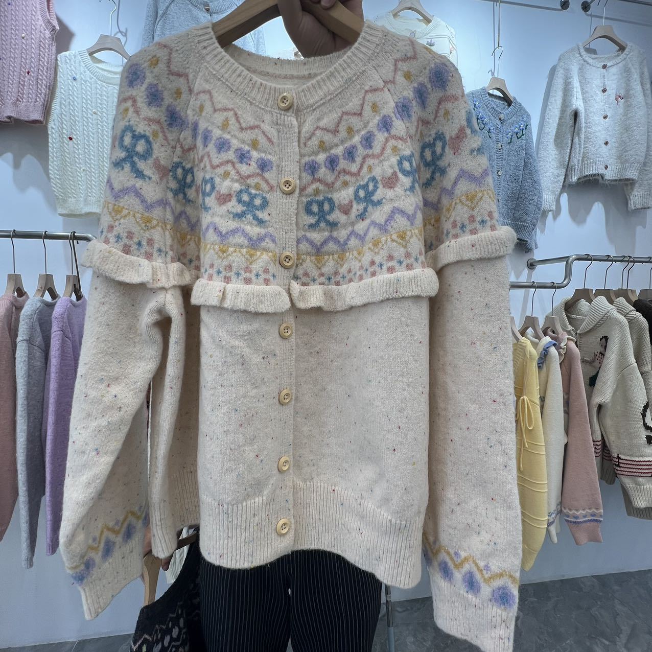 Bow Color Knitted Cardigan Coat Female Autumn And Winter Loose Design Sense Retro Crew Neck