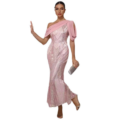 European And American Style Dress One-shoulder Chiffon Stitching Sequined Dress