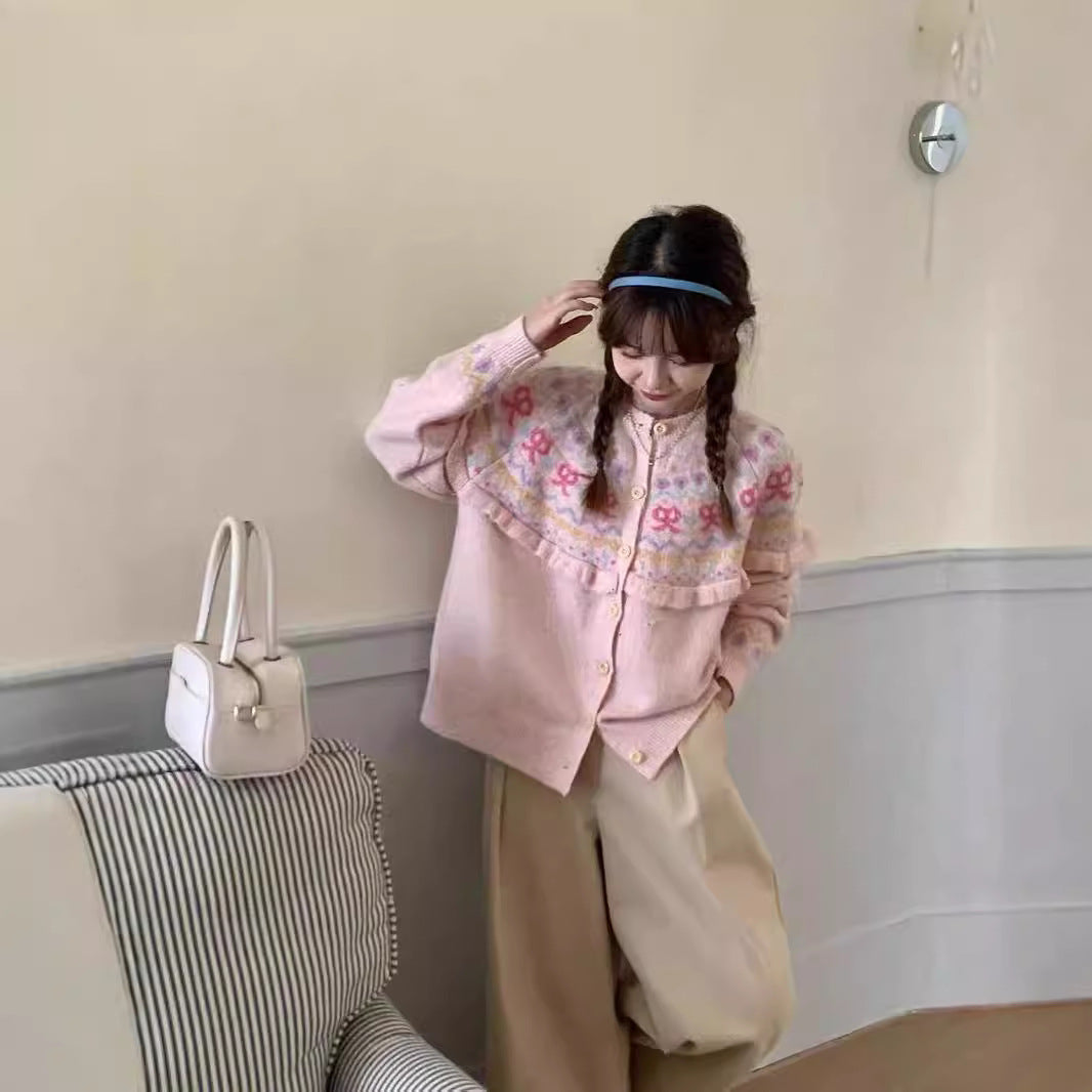 Bow Color Knitted Cardigan Coat Female Autumn And Winter Loose Design Sense Retro Crew Neck