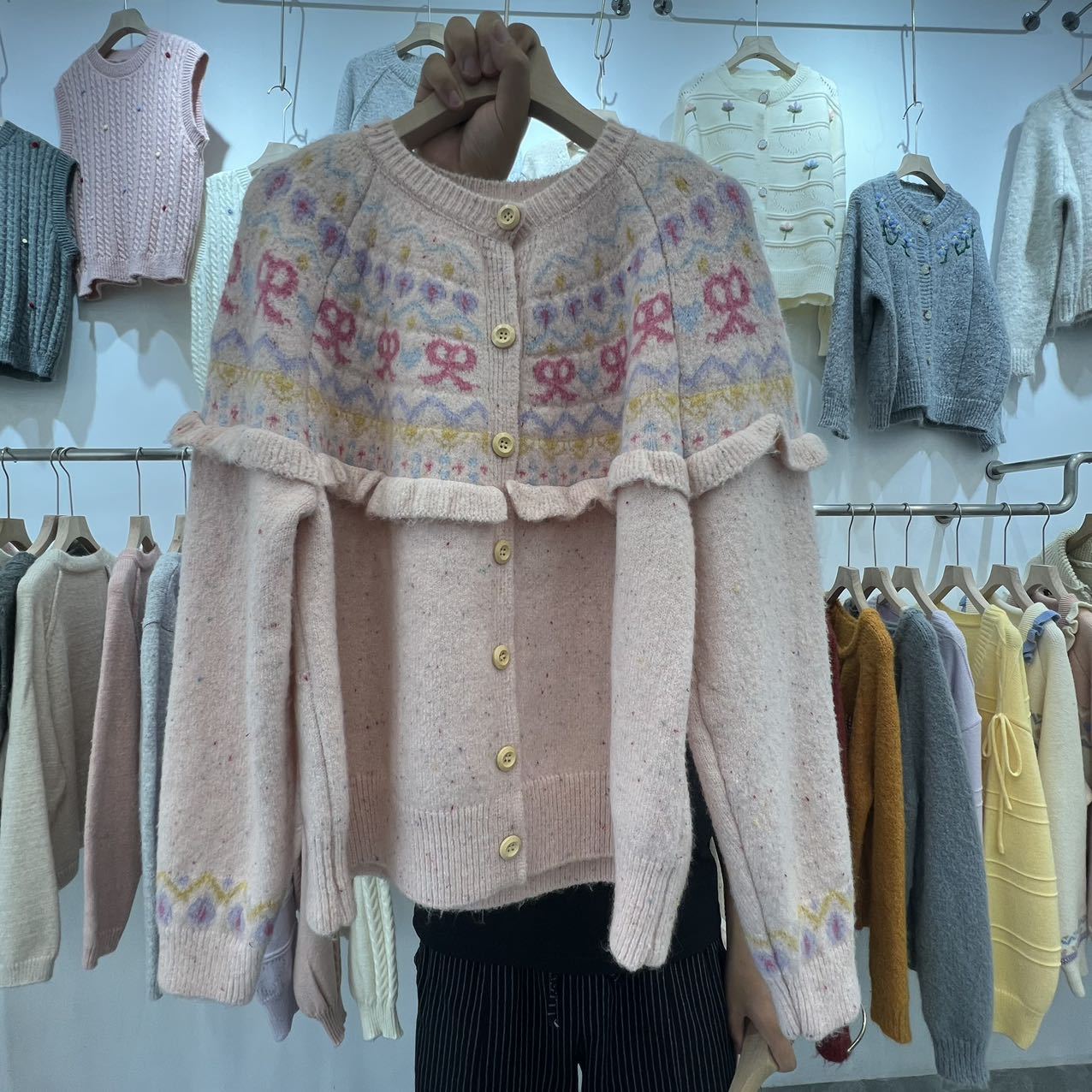 Bow Color Knitted Cardigan Coat Female Autumn And Winter Loose Design Sense Retro Crew Neck