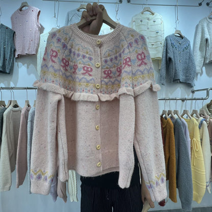 Bow Color Knitted Cardigan Coat Female Autumn And Winter Loose Design Sense Retro Crew Neck