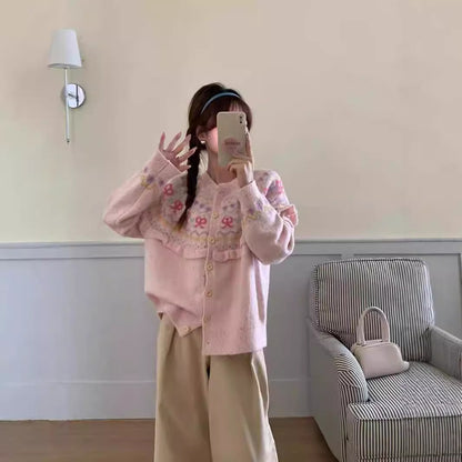 Bow Color Knitted Cardigan Coat Female Autumn And Winter Loose Design Sense Retro Crew Neck